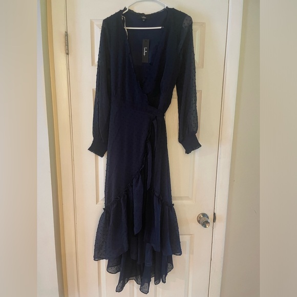Perfectly Darling Navy Blue Swiss Dot High-Low Wrap Dress - NEW WITH TAGS! - Picture 5 of 8